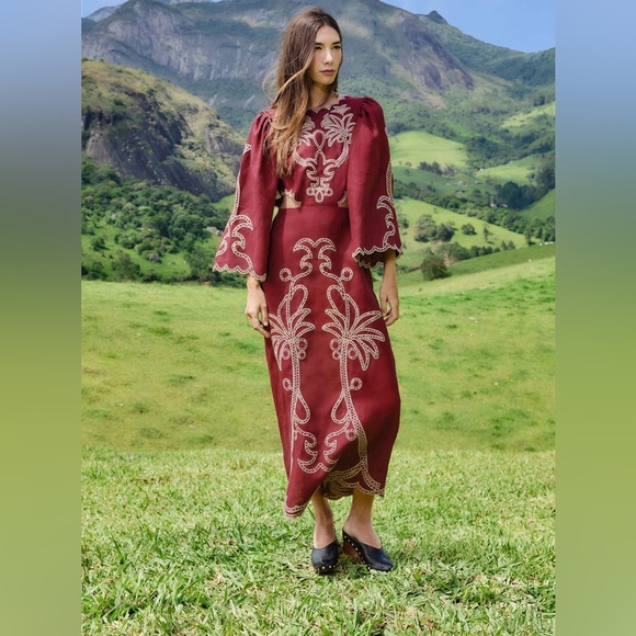 FARM Rio Dresses & Skirts - Farm Rio: Red Artisanal Cut-Out Embroidered Euroflax™ Premium Linen Maxi Dress